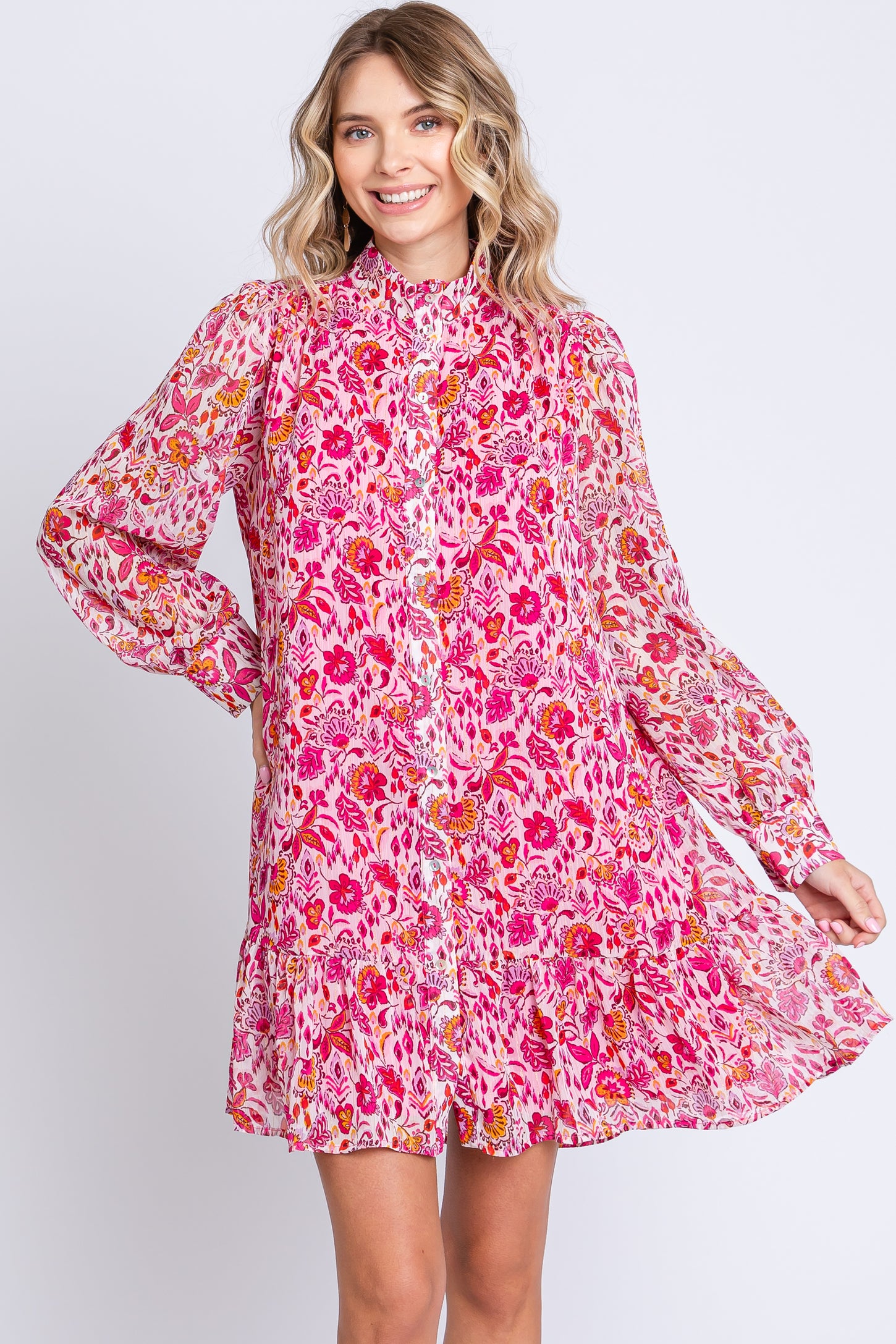 Magenta Floral Chiffon Mock Neck Button Front Maternity Dress