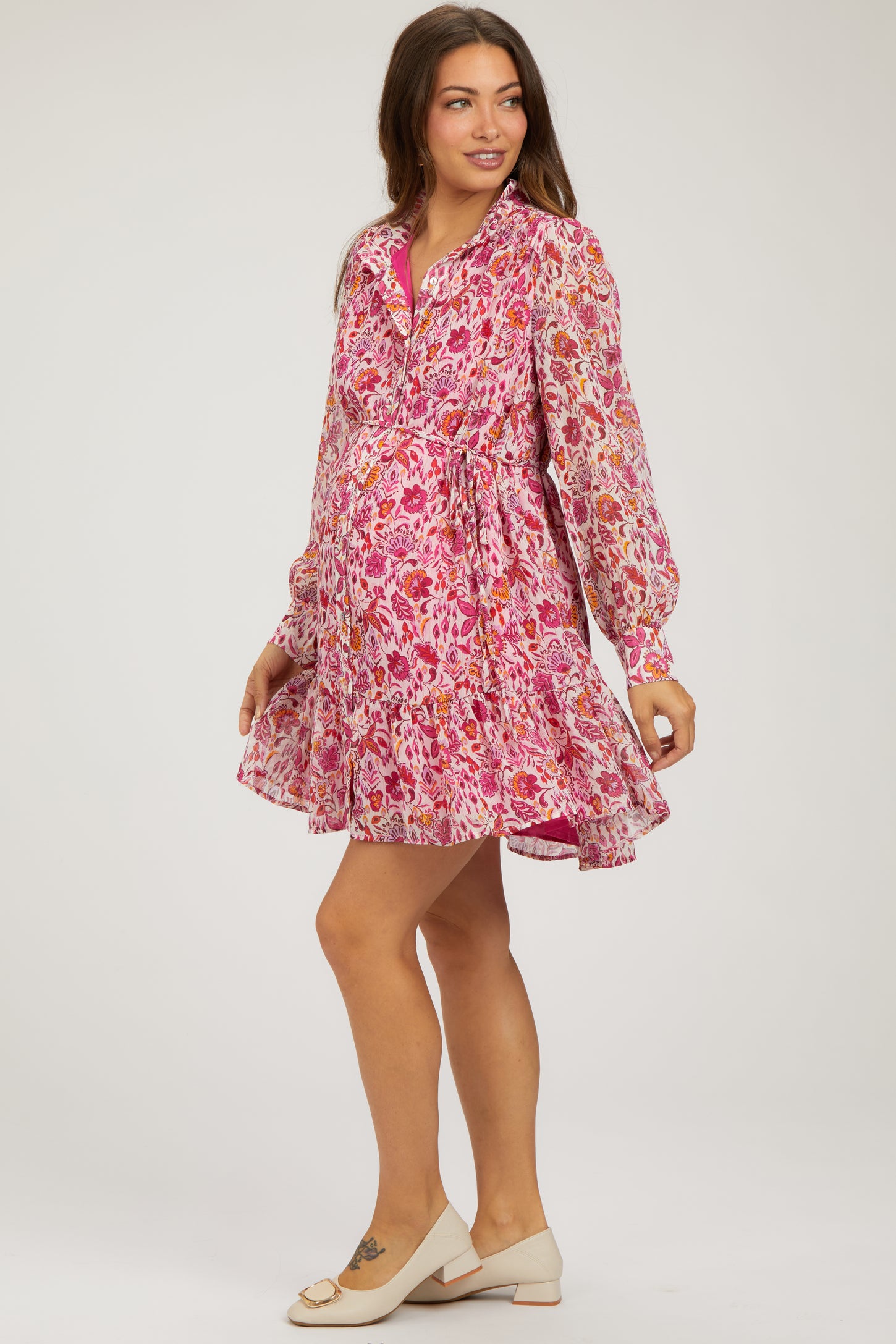 Magenta Floral Chiffon Mock Neck Button Front Maternity Dress