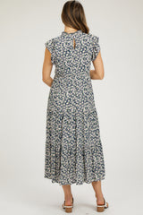 Navy Floral Ruffle Mock Neck Tiered Maternity Midi Dress