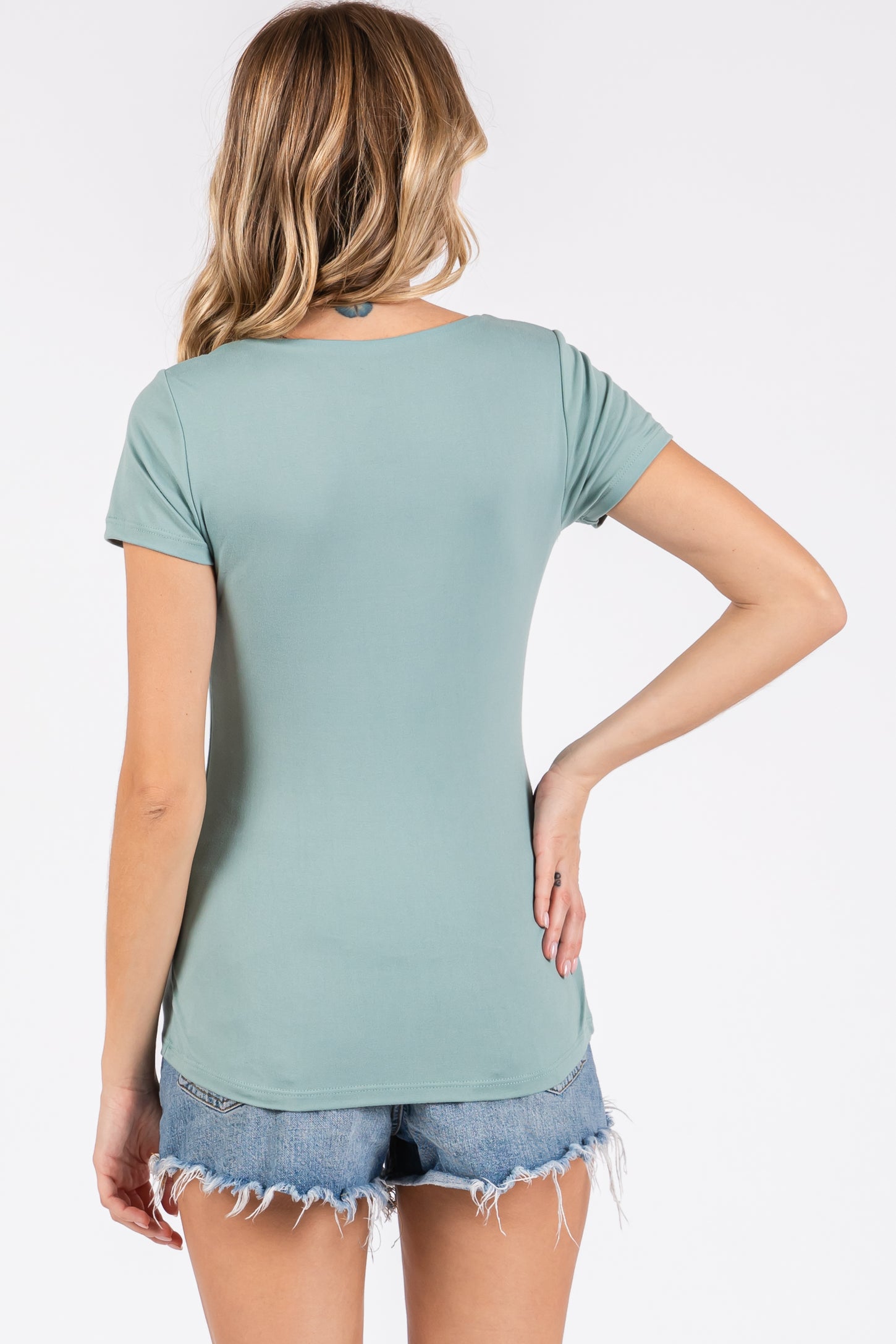 Light Olive Square Neck Short Sleeve Top