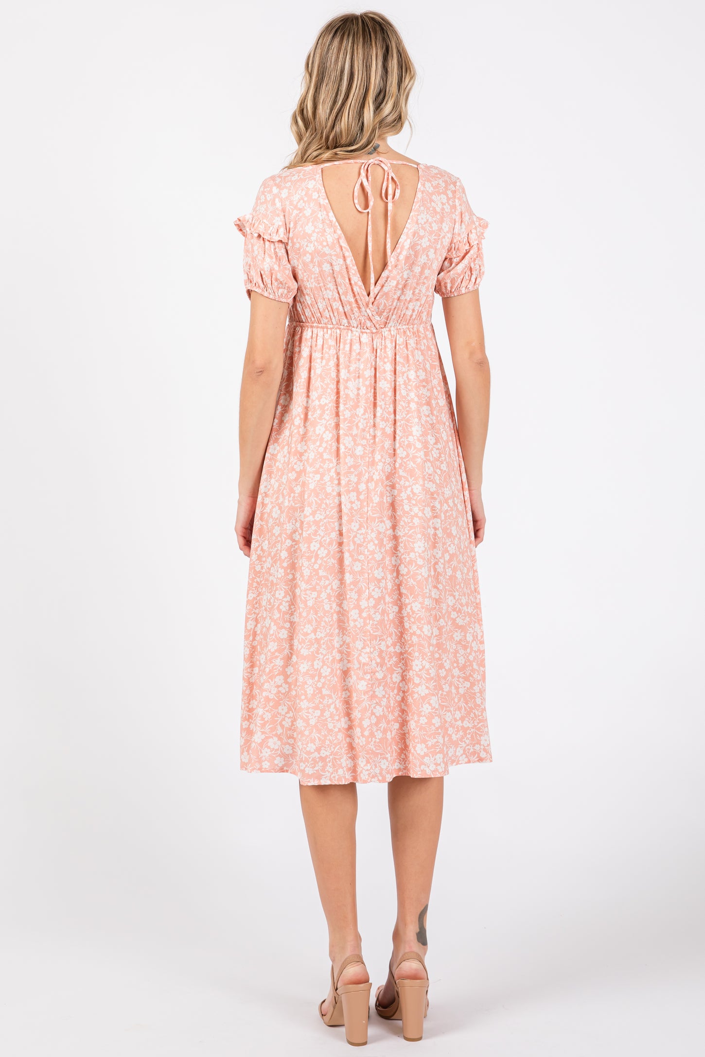 Peach Floral V-Neck Short Sleeve Dress