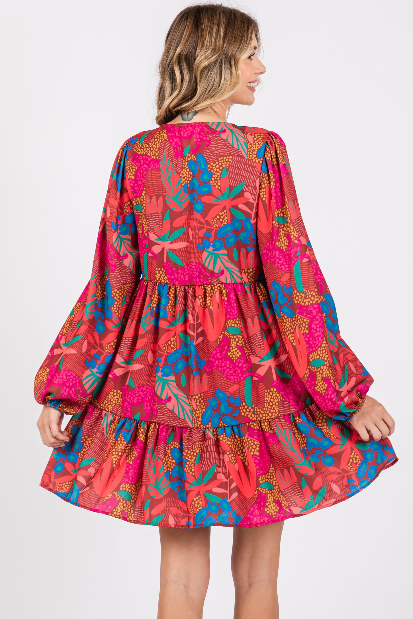 Mocha Floral V-Neck Ruffle Hem Dress