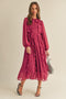 Magenta Berry Ruffle Trim Puff Sleeve Midi Dress