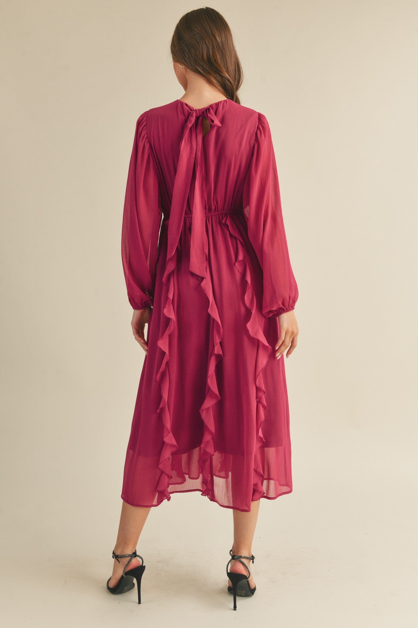 Magenta Berry Ruffle Trim Puff Sleeve Midi Dress