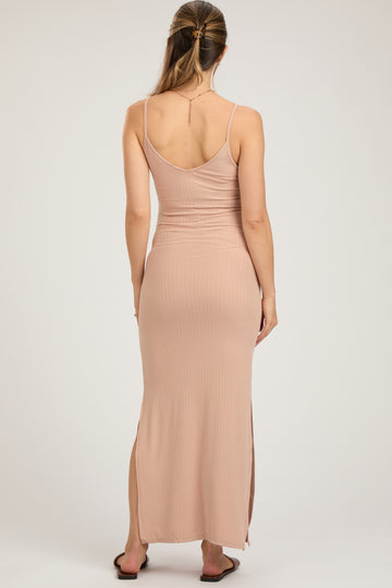 Beige Ribbed Side Slit Maternity Maxi Dress