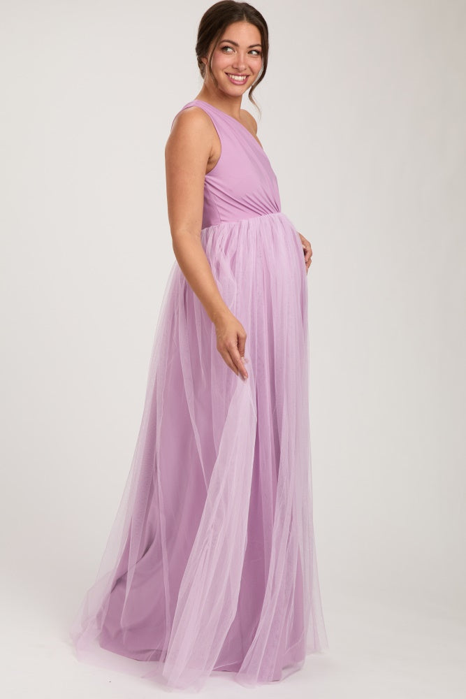 Lavender One Shoulder Tulle Maternity Maxi Dress