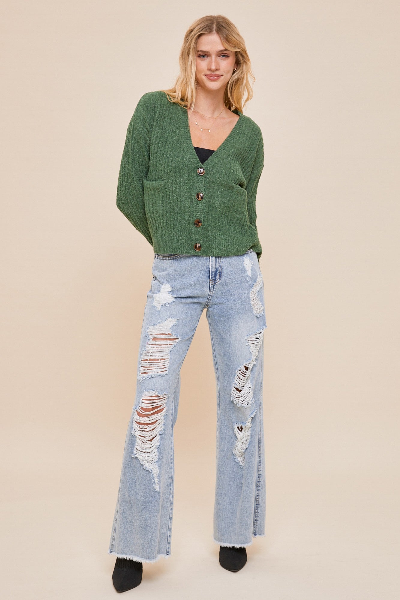 Green V-Neck Pocket Cardigan Top