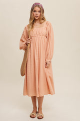 Peach Criss Cross Front Square Neck Long Sleeve Midi Dress