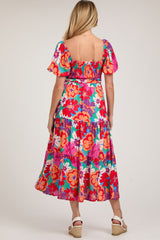 Red Floral Square Neck Smocked Tiered Maternity Midi Dress