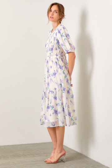 Cream Smocked Ruffle Hem Midi Dress