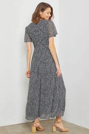 Black Dotted Smocked V-Neck Short Sleeve Maxi Dress