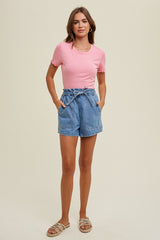 Pink Ribbed Fitted Lettuce Trim Top