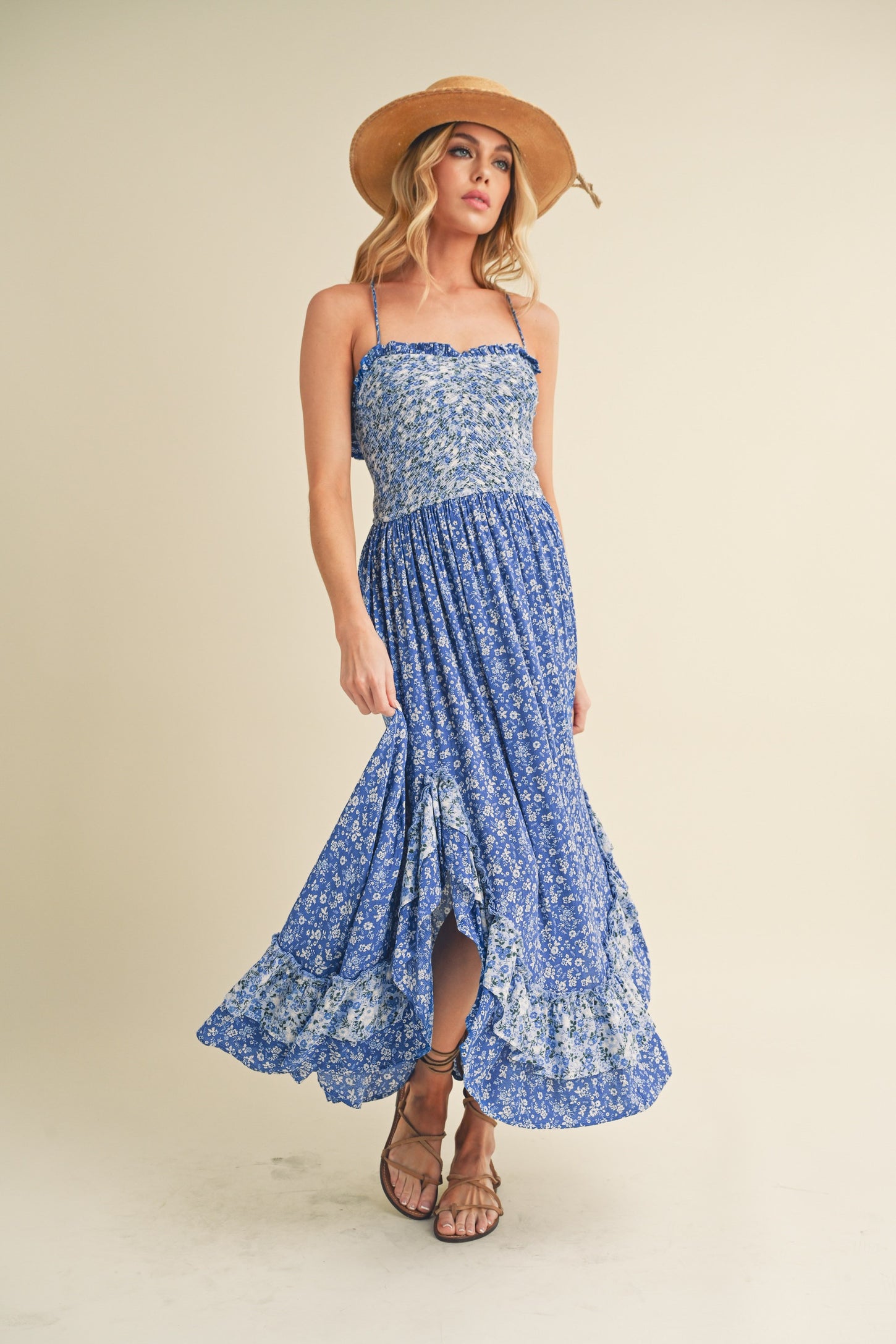 Blue Printed Ruffle Dress