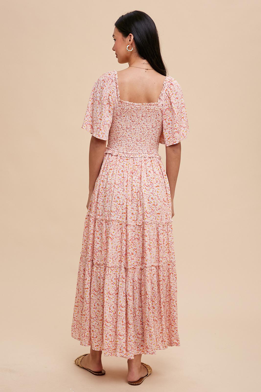 Pink Floral Smocked Tiered Maxi Dress