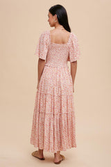 Pink Floral Smocked Tiered Maxi Dress