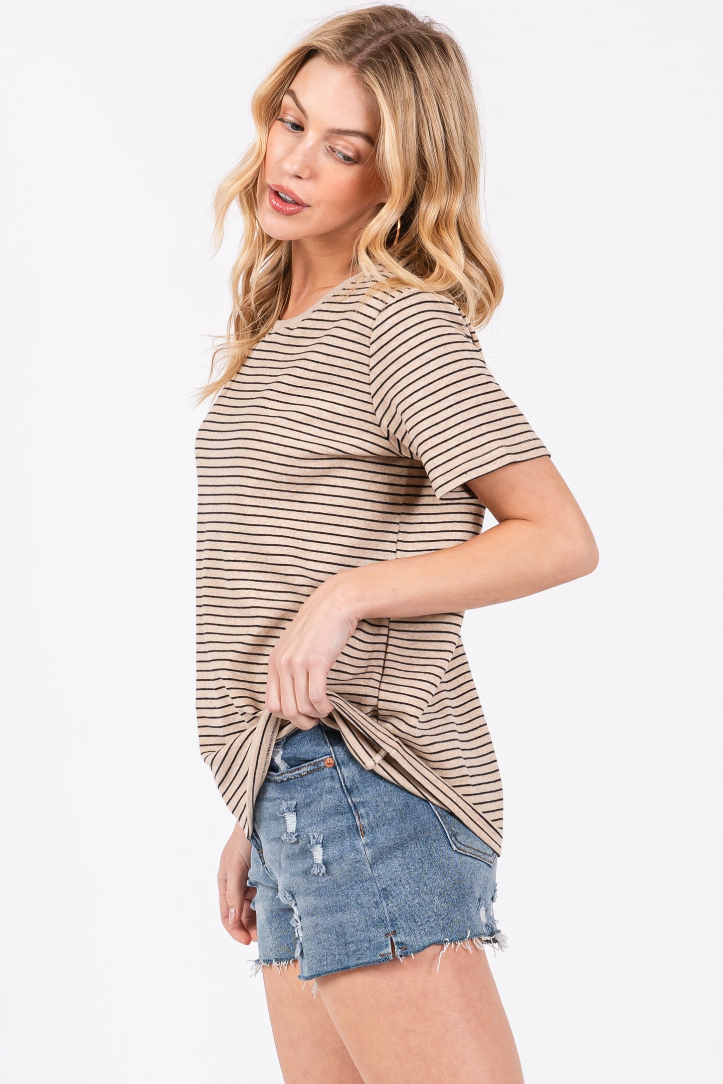 Beige Striped Short Sleeve Top