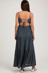 Navy Blue Smocked Square Neck Back Cutout Tiered Maternity Midi Dress