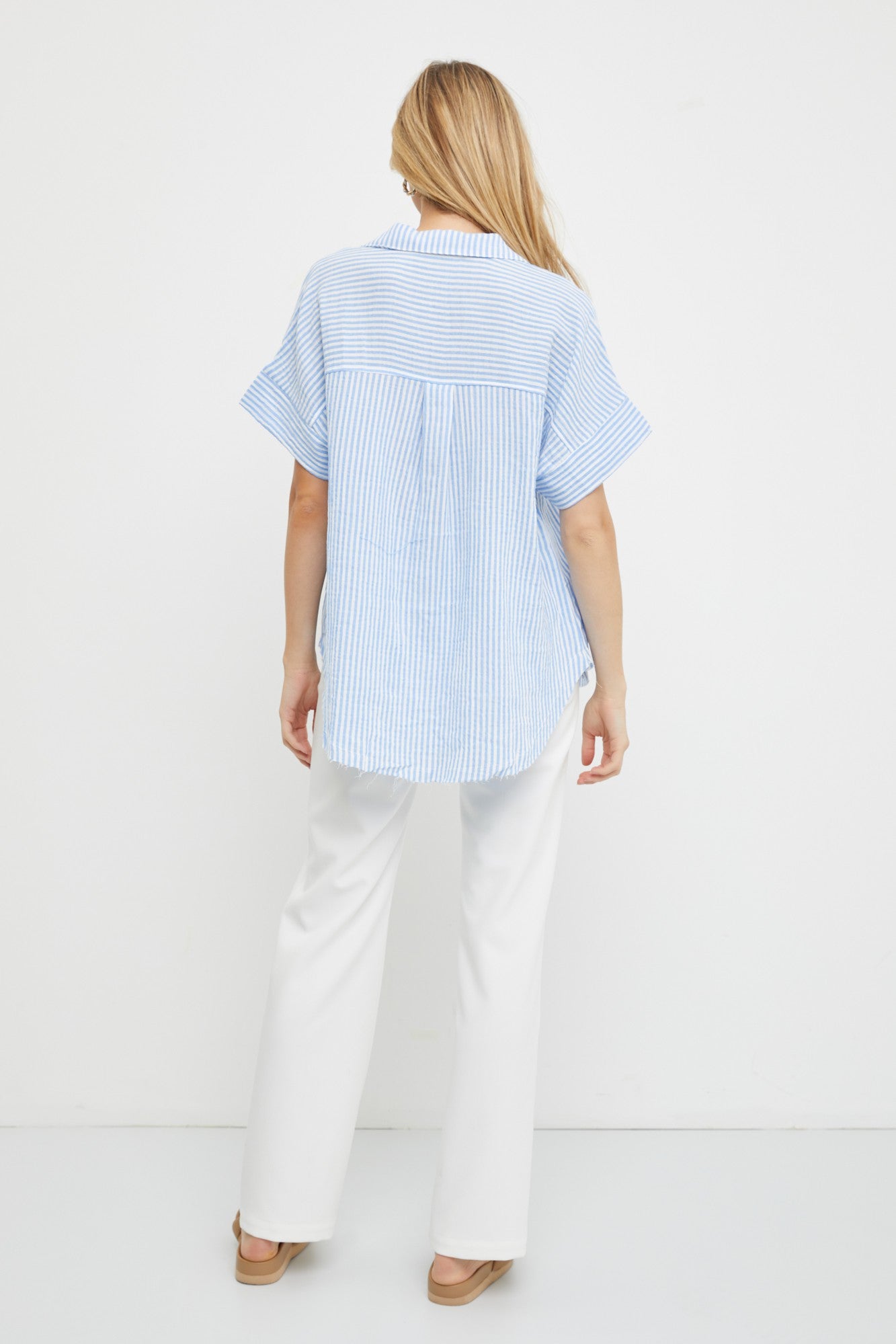 Sky Stripe Cotton Gauze Short Sleeve V-Neck Polo Shirt