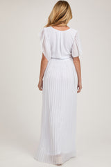 White Chiffon Wrap Front V-Neck Short Sleeve Pleated Maternity Maxi Dress
