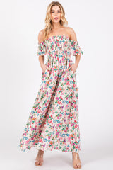 Cream Floral Off Shoulder Dress