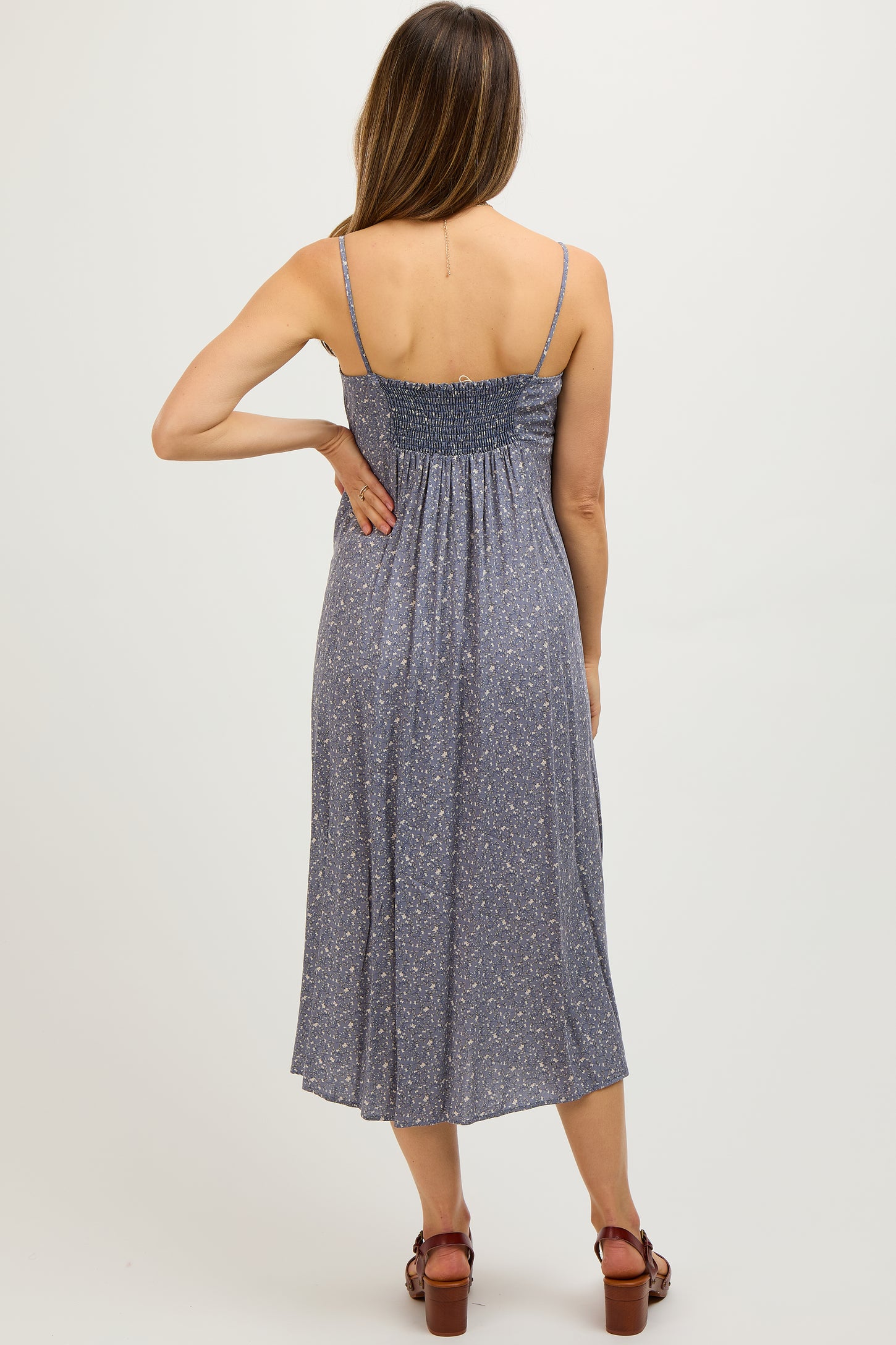 Blue Ditsy Floral Side Slit Maternity Midi Dress