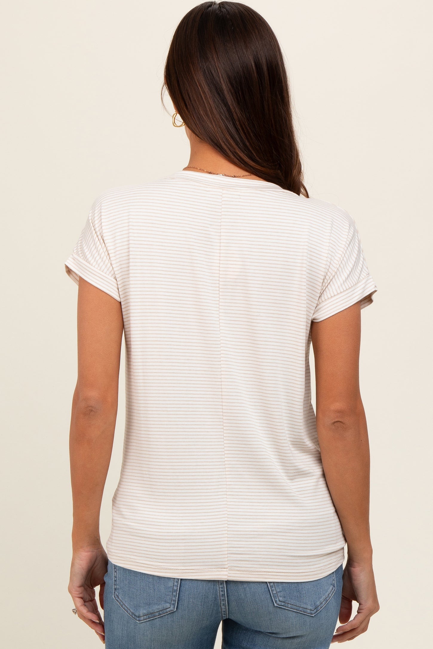 Ivory Striped V-Neck Maternity Short Sleeve Top