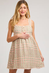 Pink Multi-Color Knit Gingham Sleeveless Maternity Dress