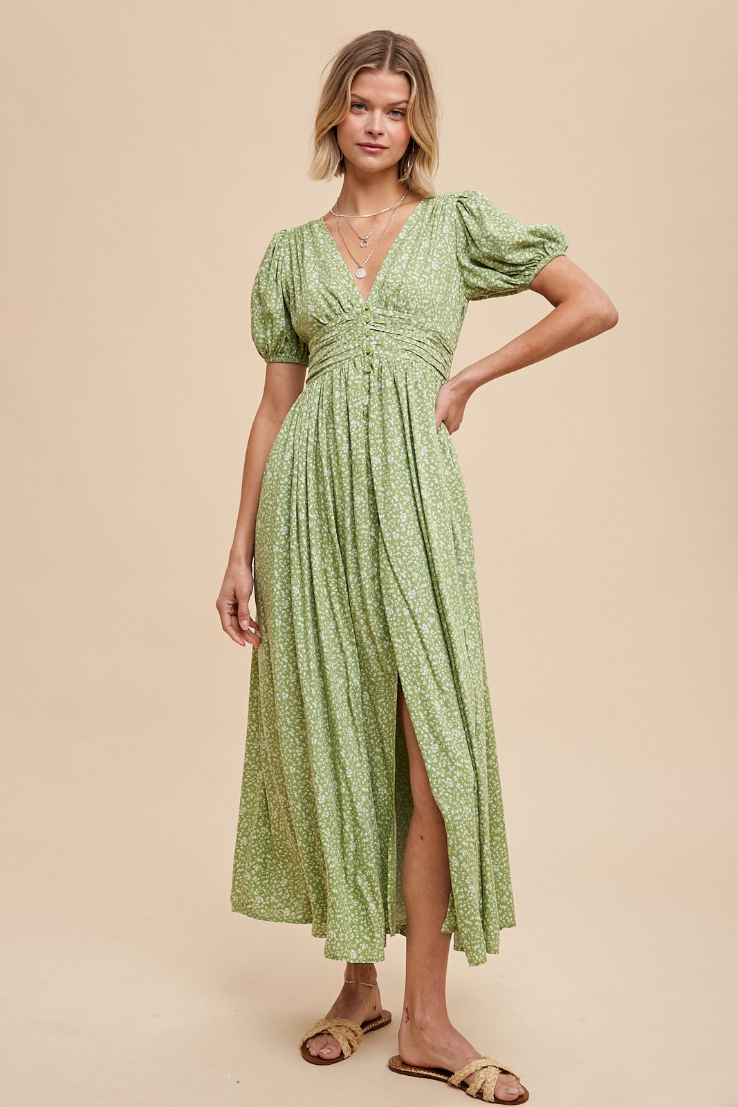 Sage Floral Button Down Front Slit Maternity Maxi Dress