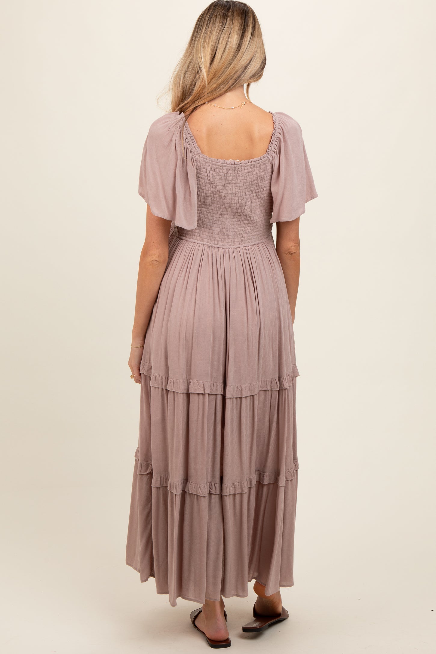 Mocha Crochet Lace Tiered Ruffle Maternity Maxi Dress