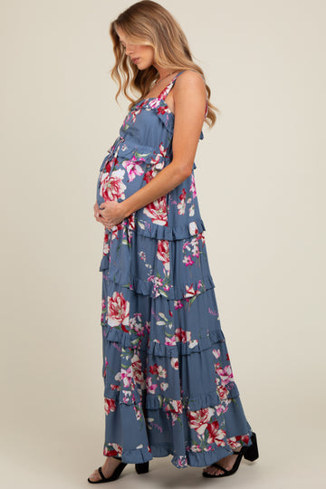 Blue Floral Sleeveless Tiered Maternity Maxi Dress