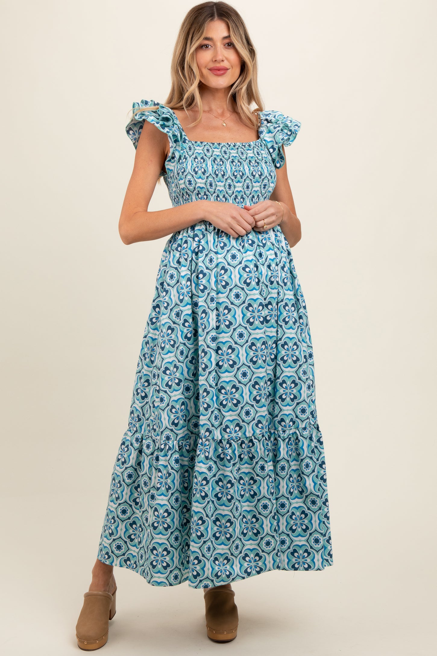 Blue Floral Smocked Flutter Cap Sleeve Maternity Maxi Dress