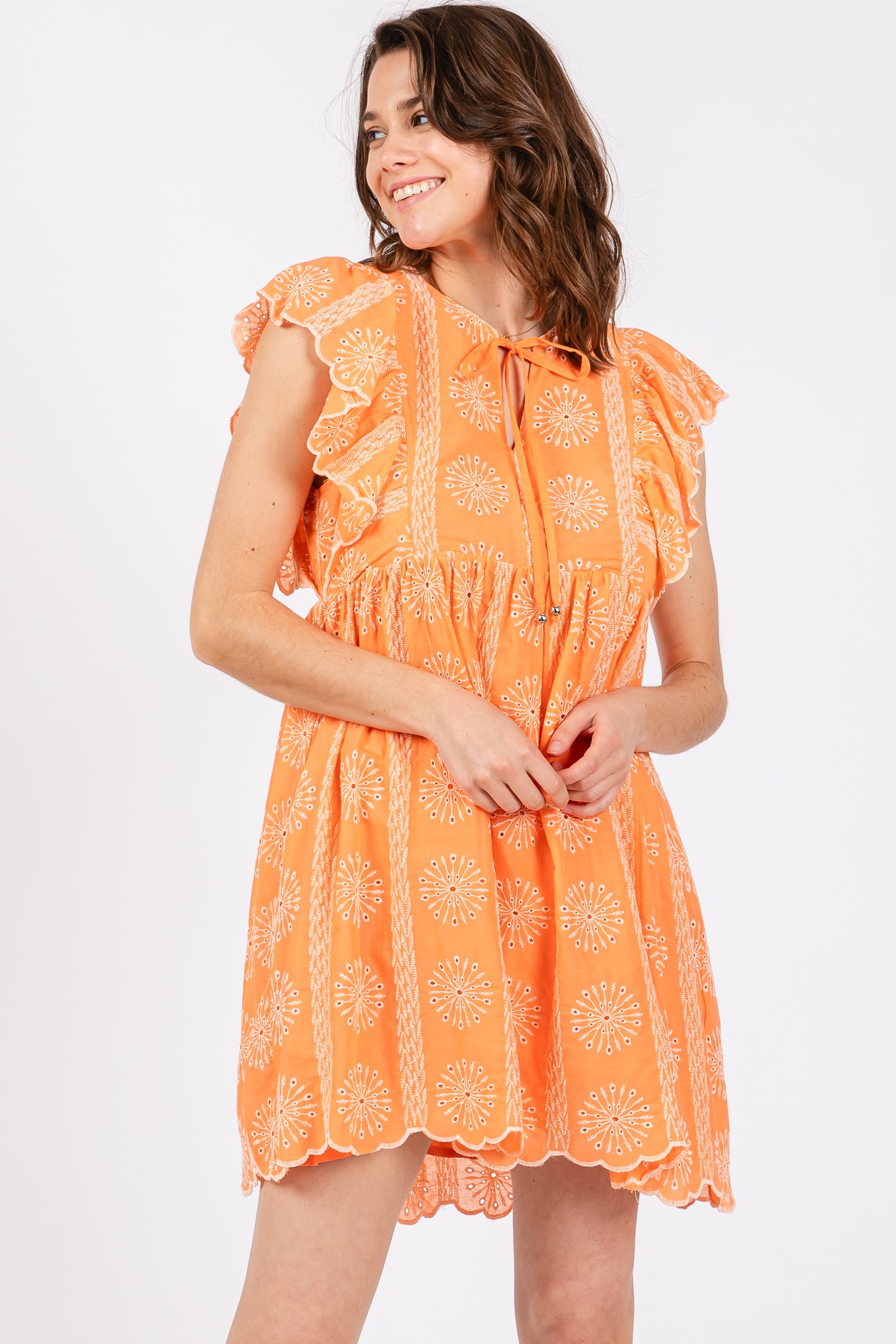Orange Embroidered Flutter Sleeve Dress