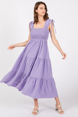 Lavender Smocked Sleeveless Drawstring Shoulder Tiered Maternity Midi Dress