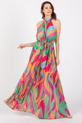 Multicolor Print Pleated Halter Maternity Maxi Dress