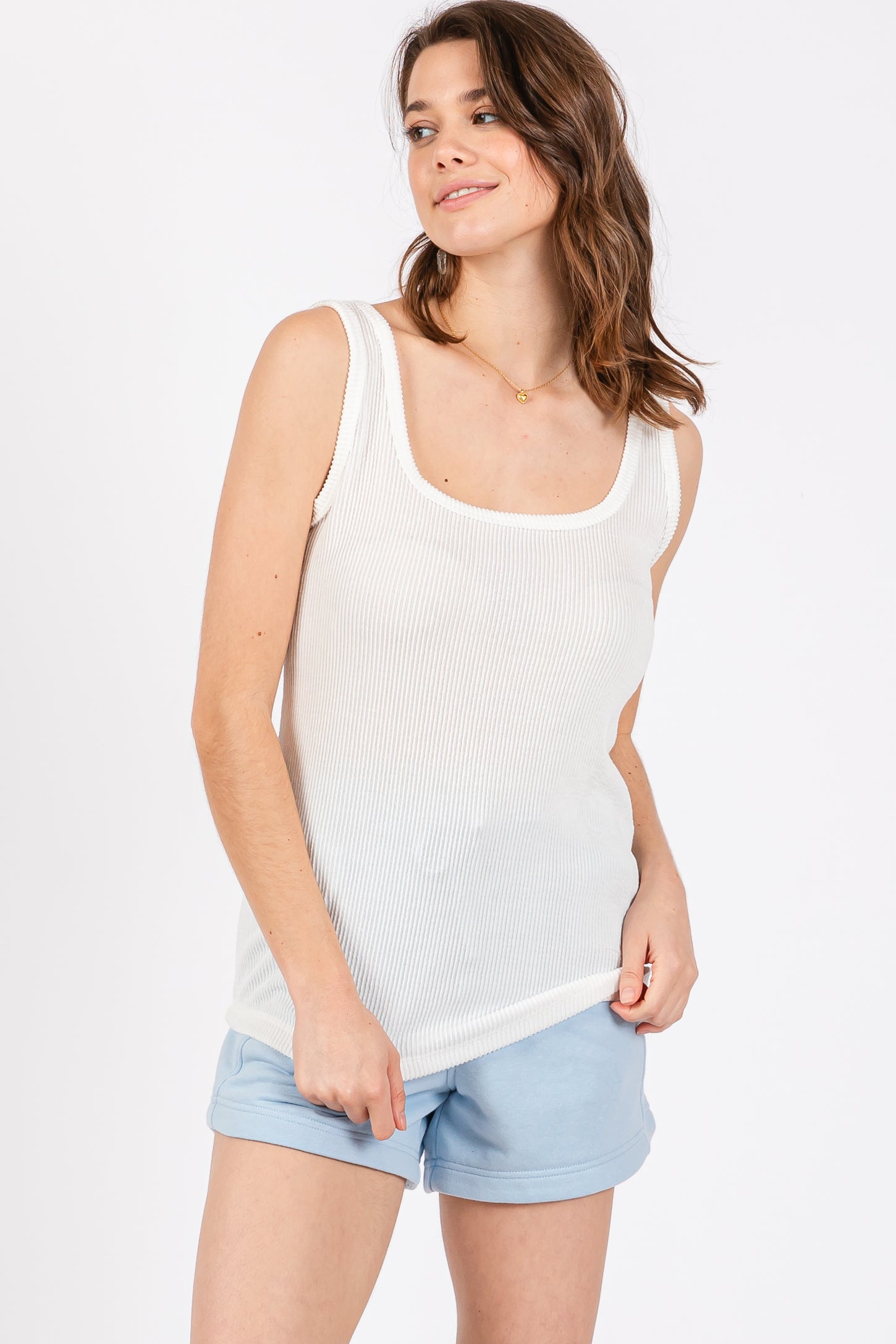 White Sleeveless Ribbed Square Neck Maternity Top