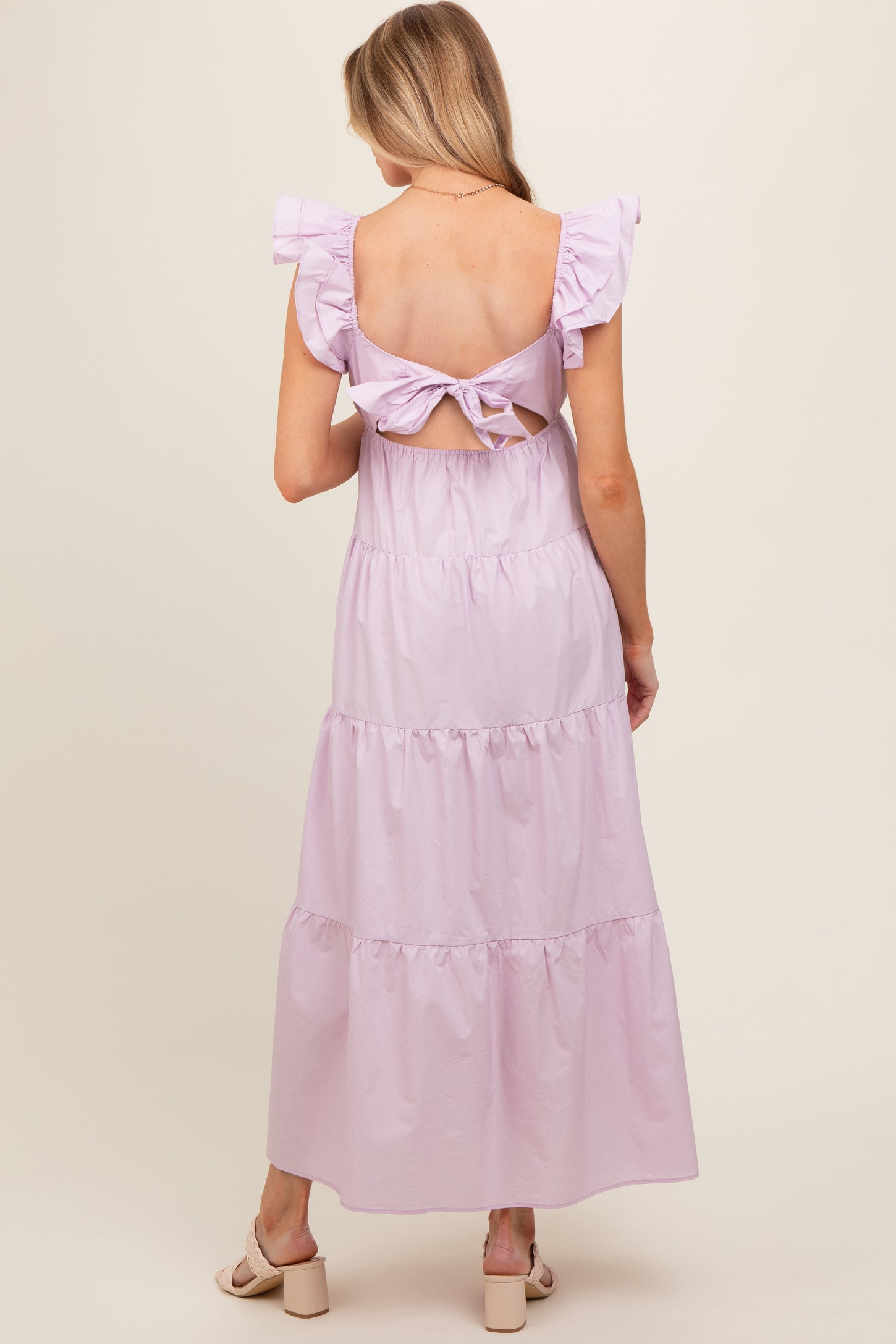 Lavender Flutter Sleeve Tiered Maternity Maxi Dress