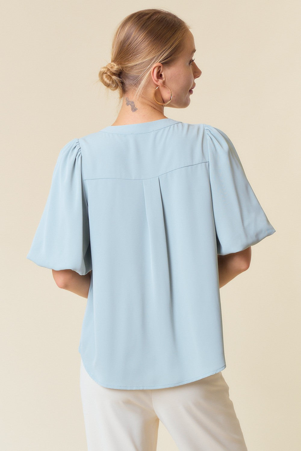 Sage Bubble Short Sleeve Pintuck Button Down Blouse